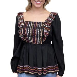 NWT Savanna Jane Boho Blouse Square Neck Embroidered Black M